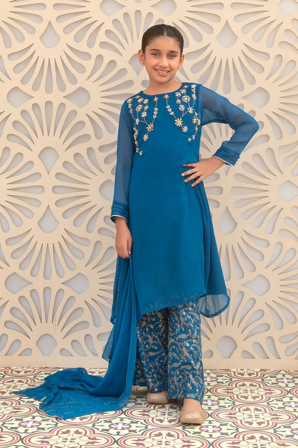 Chiffon Hand Adda Work 3 Pc Suit - Wear Ochre